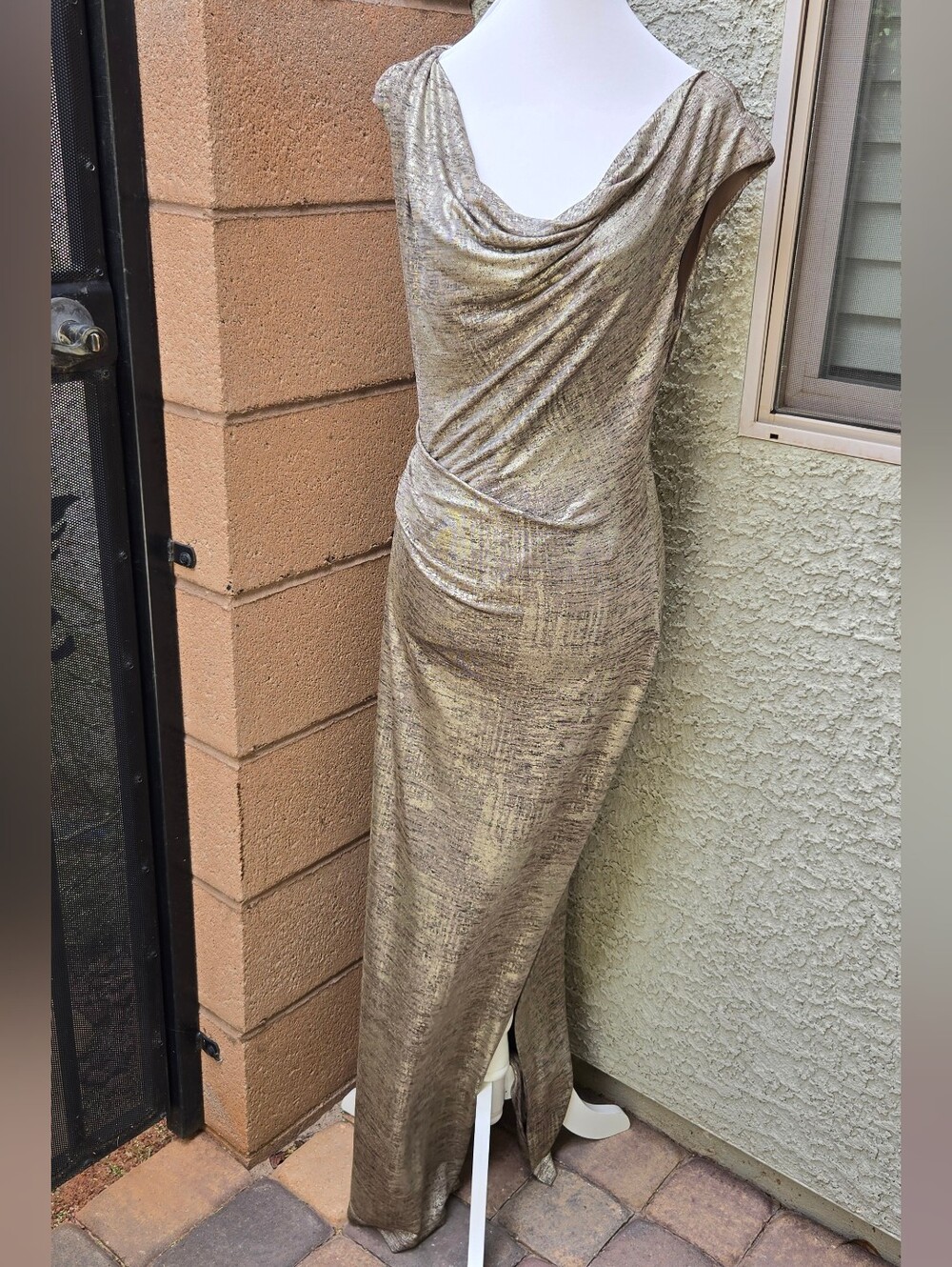 Connected Apparel Metallic Gold Cowl Neck Evening Dress